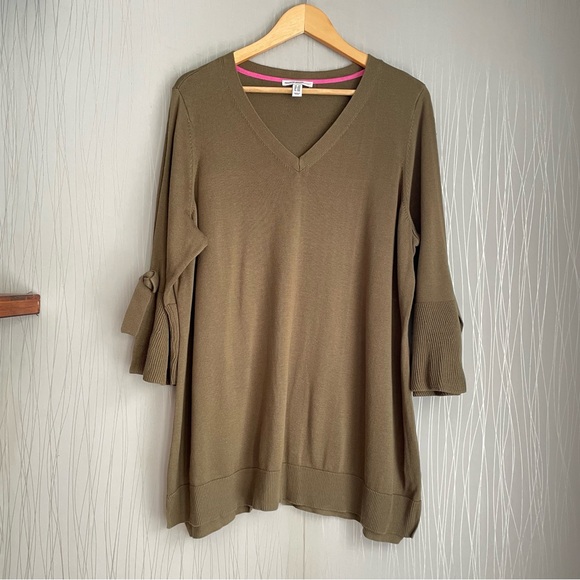 ISAAC MIZRAHI LIVE V- NECK SPLIT TIE SLEEVE TUNIC SWEATER PLUS SIZE 2X GREEN - Picture 1 of 12